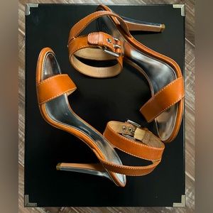 Coach Ankle Strap Open Toe Heels | Tan Leather w Silver Heel | 7.5